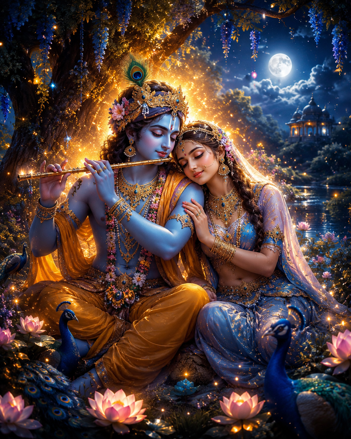 Radiant Radha and Krishna in a moonlit garden