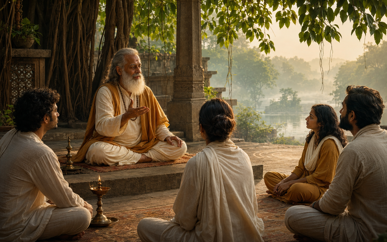 A fictional Vedic teacher offering calm guidance in an ashram courtyard